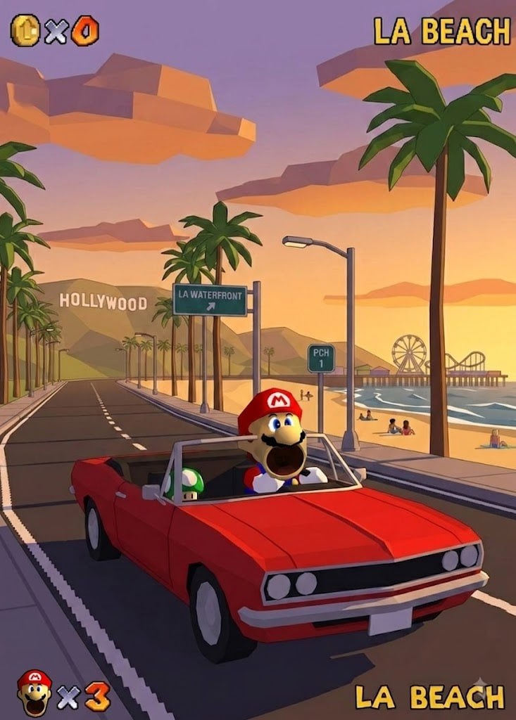 A low-poly sunset scene of POPARIO cruising a palm-lined LA Beach highway in a red convertible